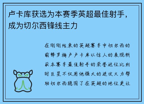 卢卡库获选为本赛季英超最佳射手，成为切尔西锋线主力